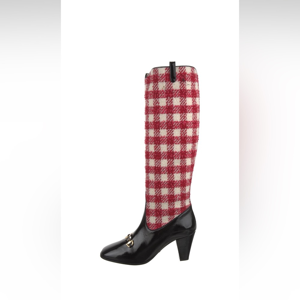 NWT - Gucci Red Zumi Check Tweed Knee Boots